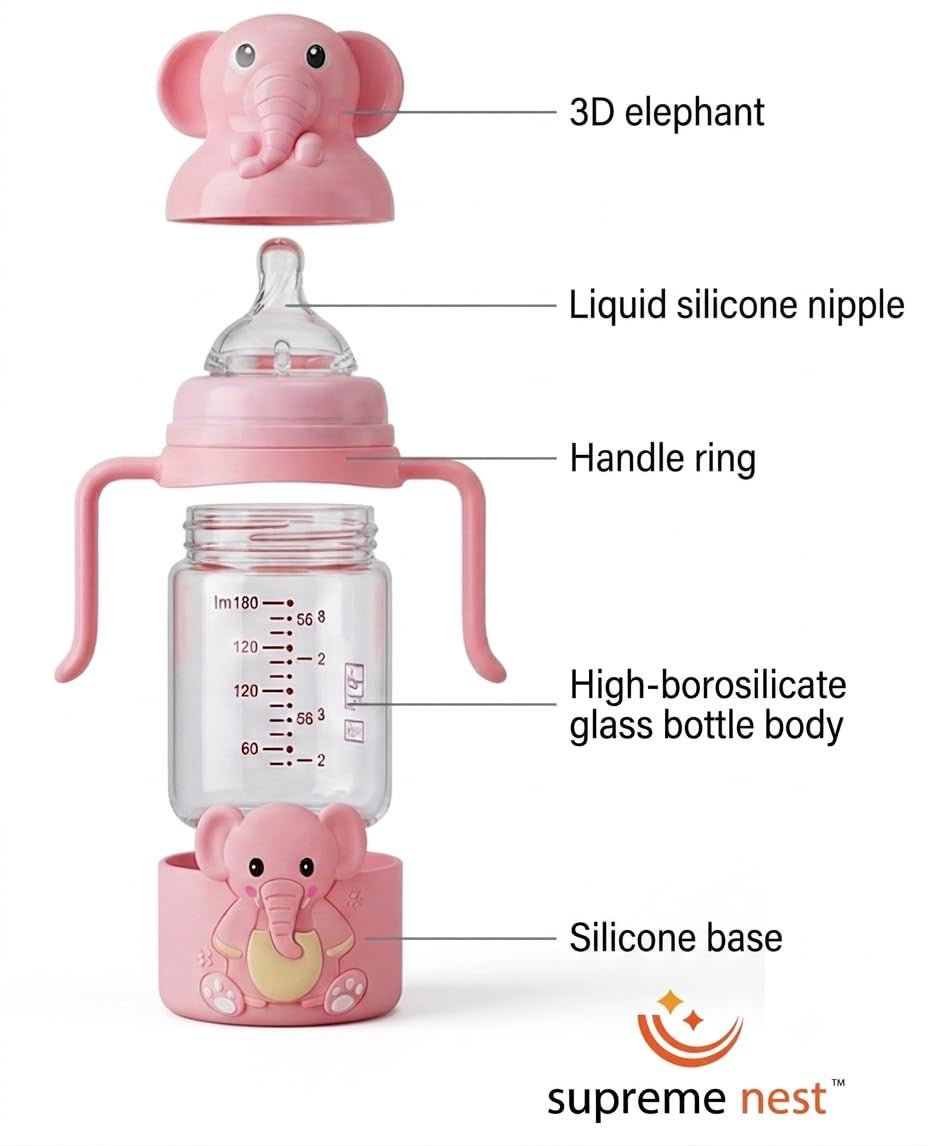Elephant Glass Feeding Bottle with Handles — 240ml — supplier product image 5