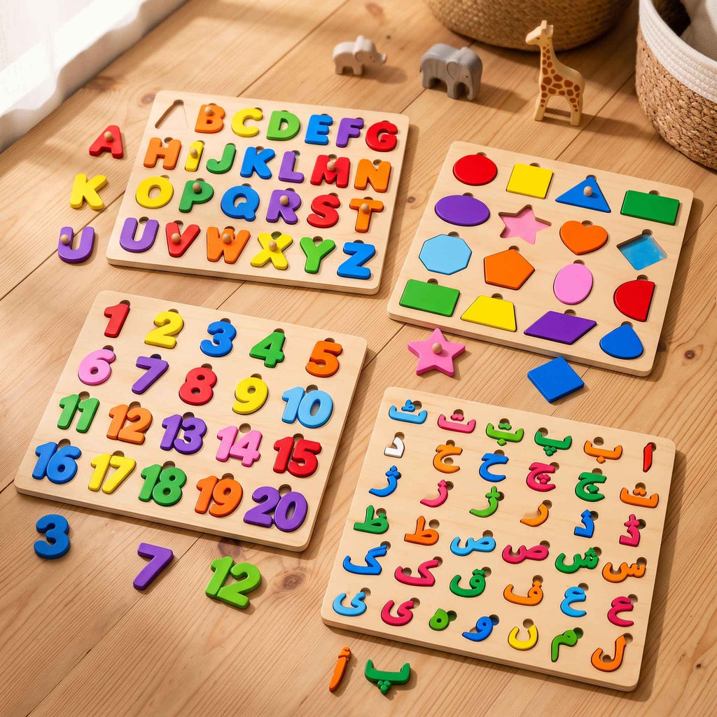 Wooden Learning Boards — ABC, Urdu, Shapes & Numbers, Set of 4