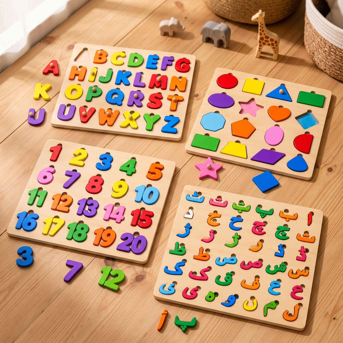 Wooden Learning Boards — ABC, Urdu, Shapes & Numbers, Set of 4