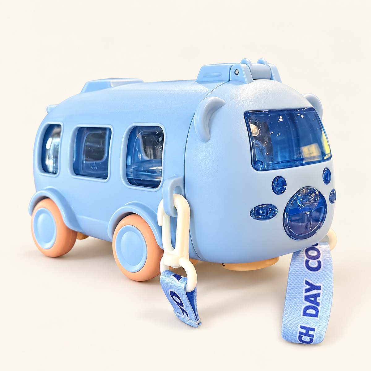 Bus-Shaped Water Bottle with Carry Strap — 500ml — blue bottle shown