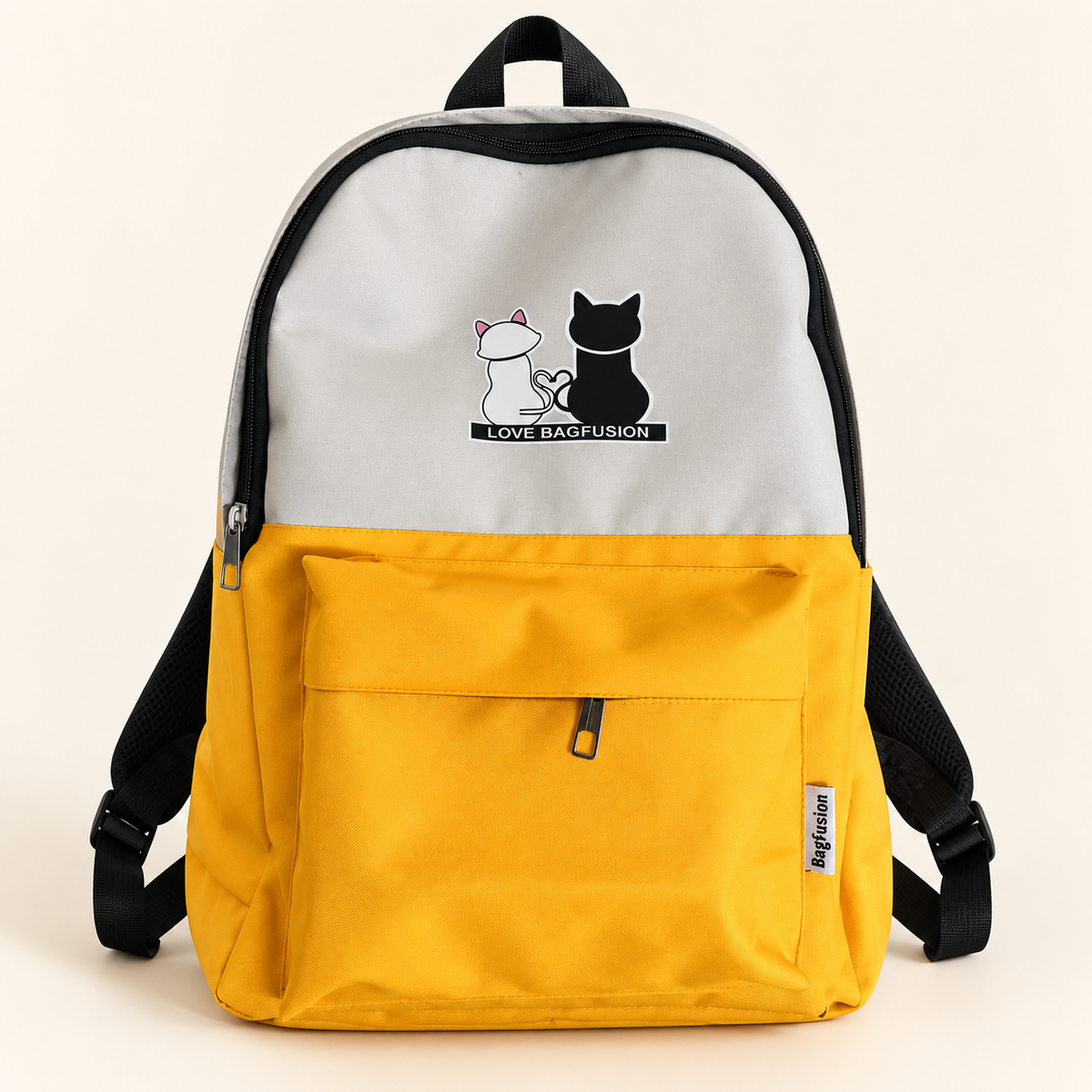 Cat Print School Bag Set — yellow backpack shown