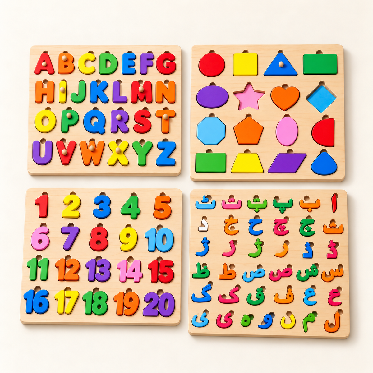 Wooden Learning Boards — ABC, Urdu, Shapes & Numbers, Set of 4