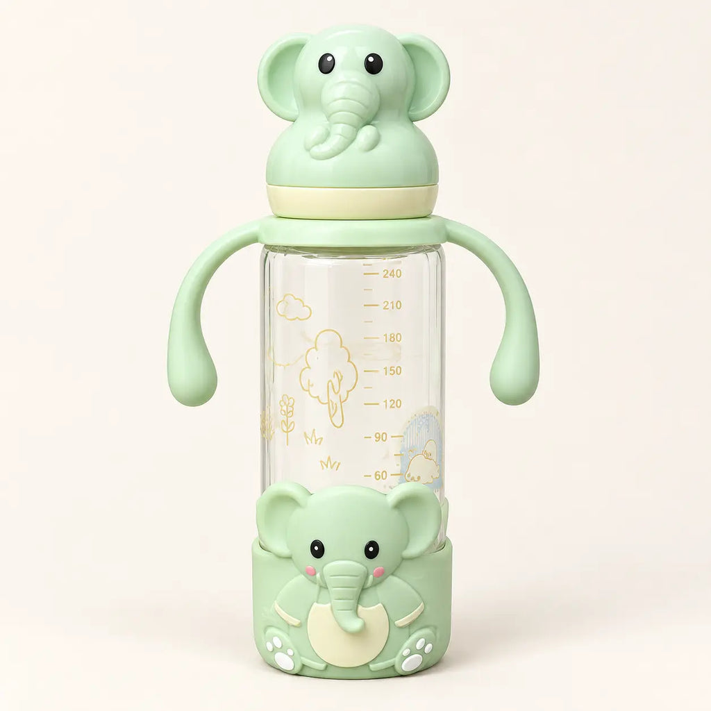 Elephant Glass Feeding Bottle with Handles — 240ml — light-green bottle shown