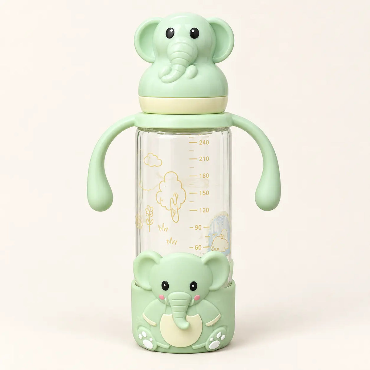 Elephant Glass Feeding Bottle with Handles — 240ml — light-green bottle shown